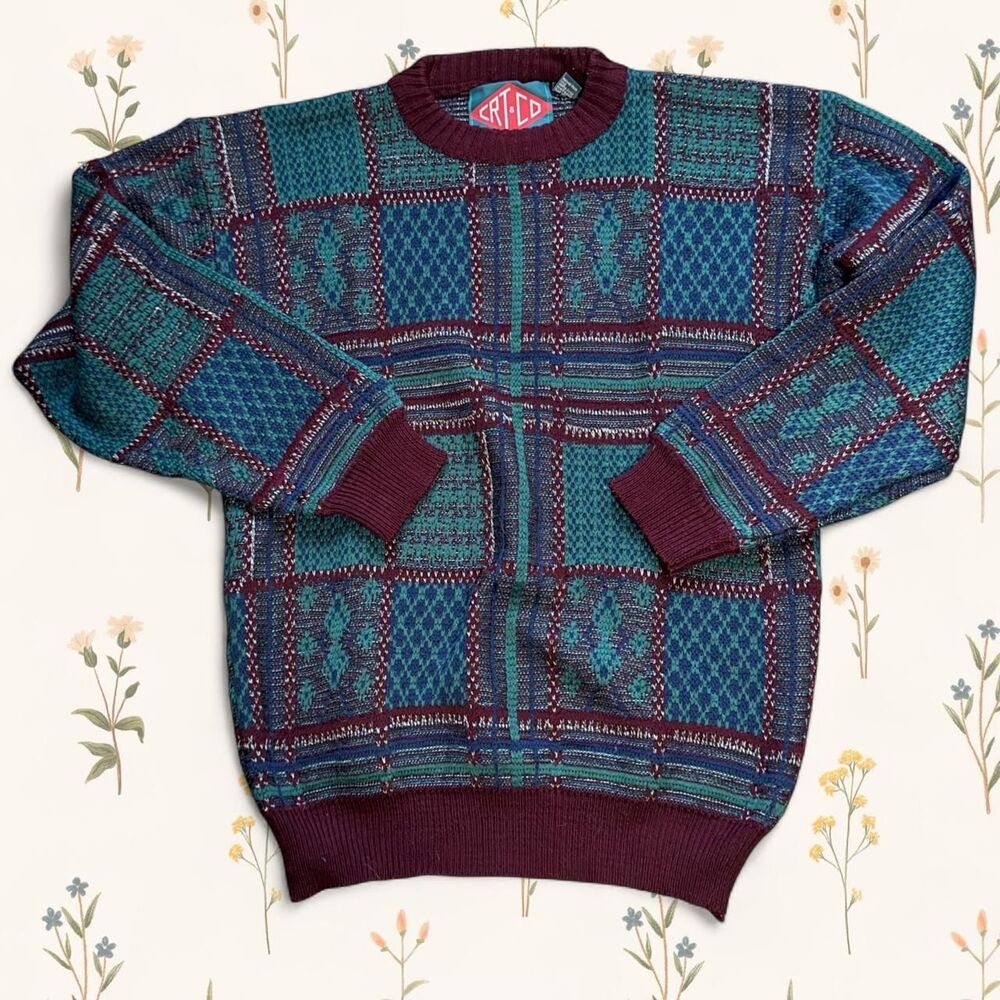 Vintage 90s CRT & CO Textured Geometric Grid Grandpa Sweater - Large